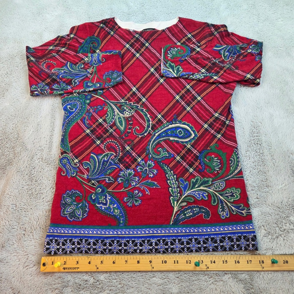 Talbots Merino Wool Sweater Women M Paisley Crew Neck 3/4 Sleeve Red Multi